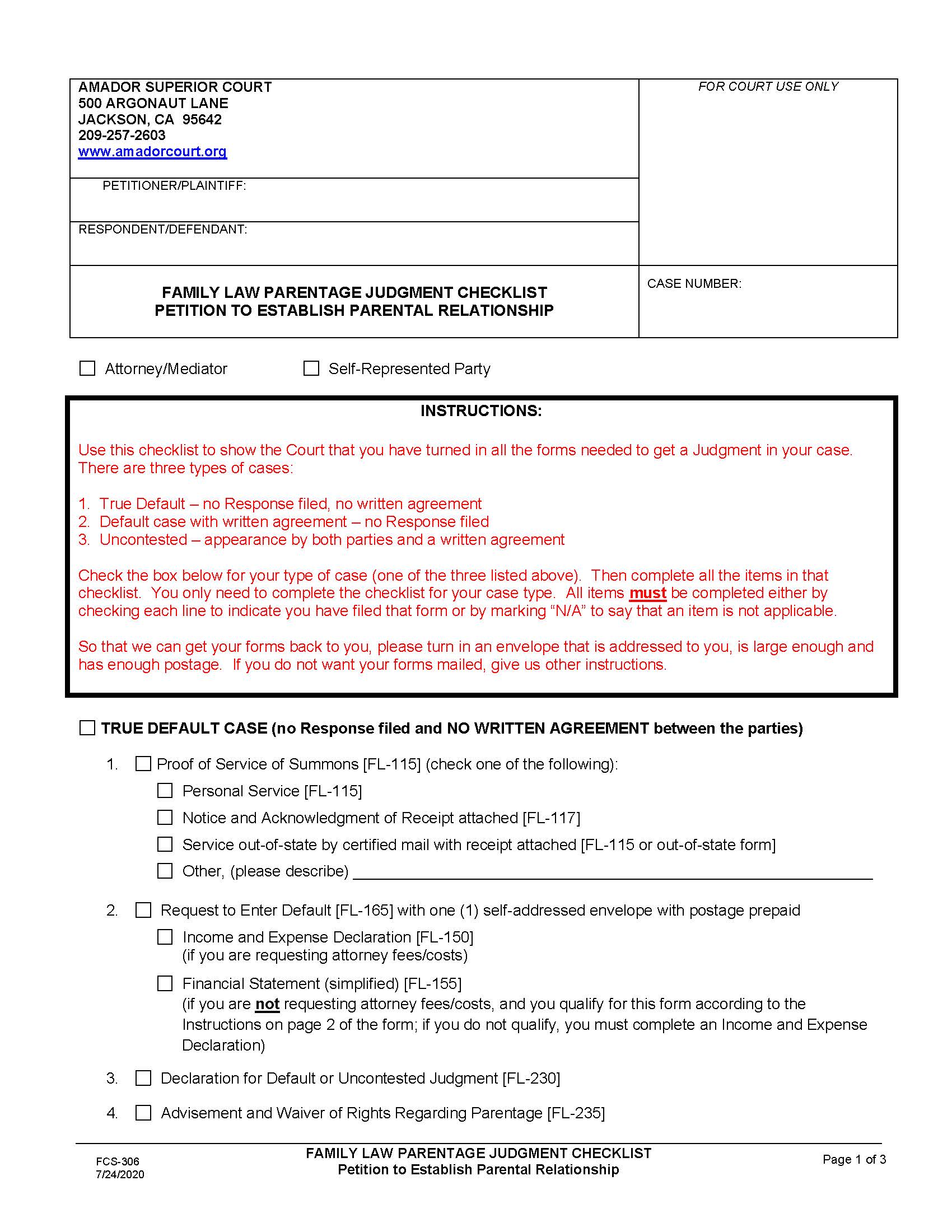 Parentage Judgment Checklist  {FCS-306} | Pdf Fpdf Docx | California