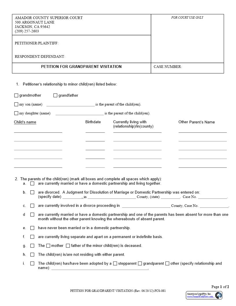 Petition For Grandparent Visitation {FCS-081} | Pdf Fpdf Docx | California