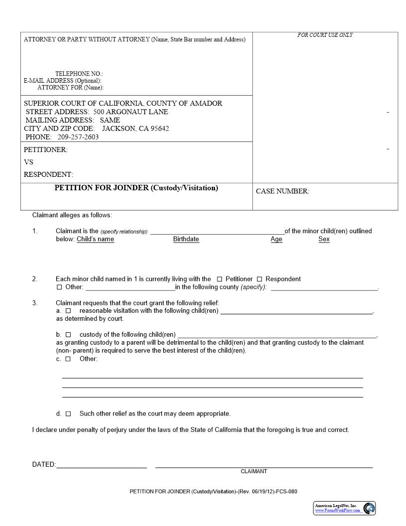 Petition For Joinder (Custody-Visitation) {FCS-080} | Pdf Fpdf Docx | California