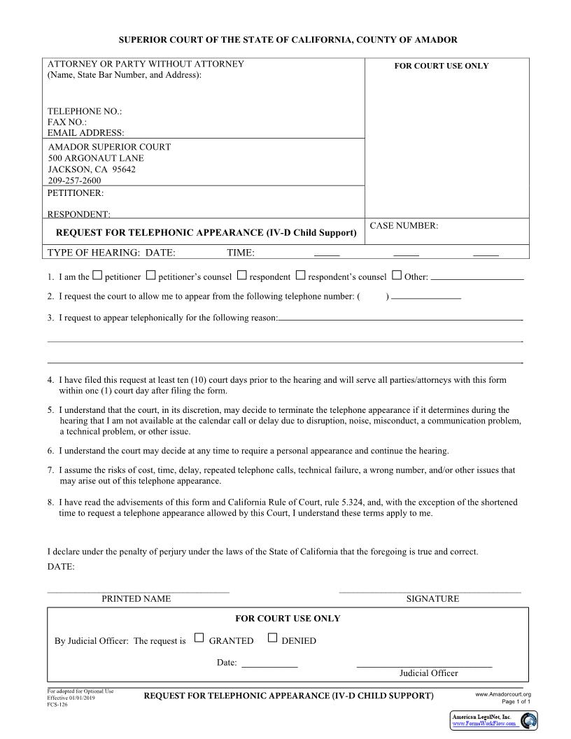 Request For Telephonic Appearance (Child Support) {FCS-126} | Pdf Fpdf Docx | California