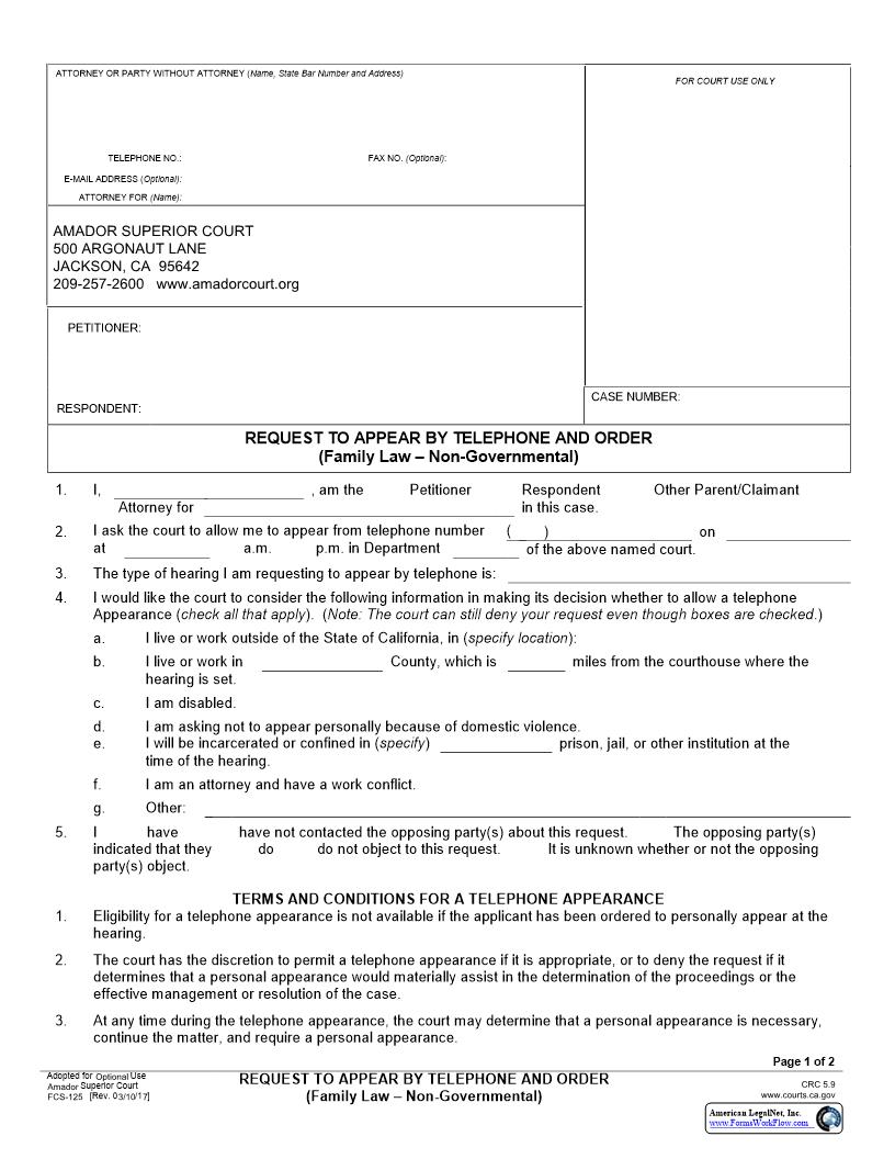 Request To Appear By Telephone And Order {FCS-125} | Pdf Fpdf Docx | California