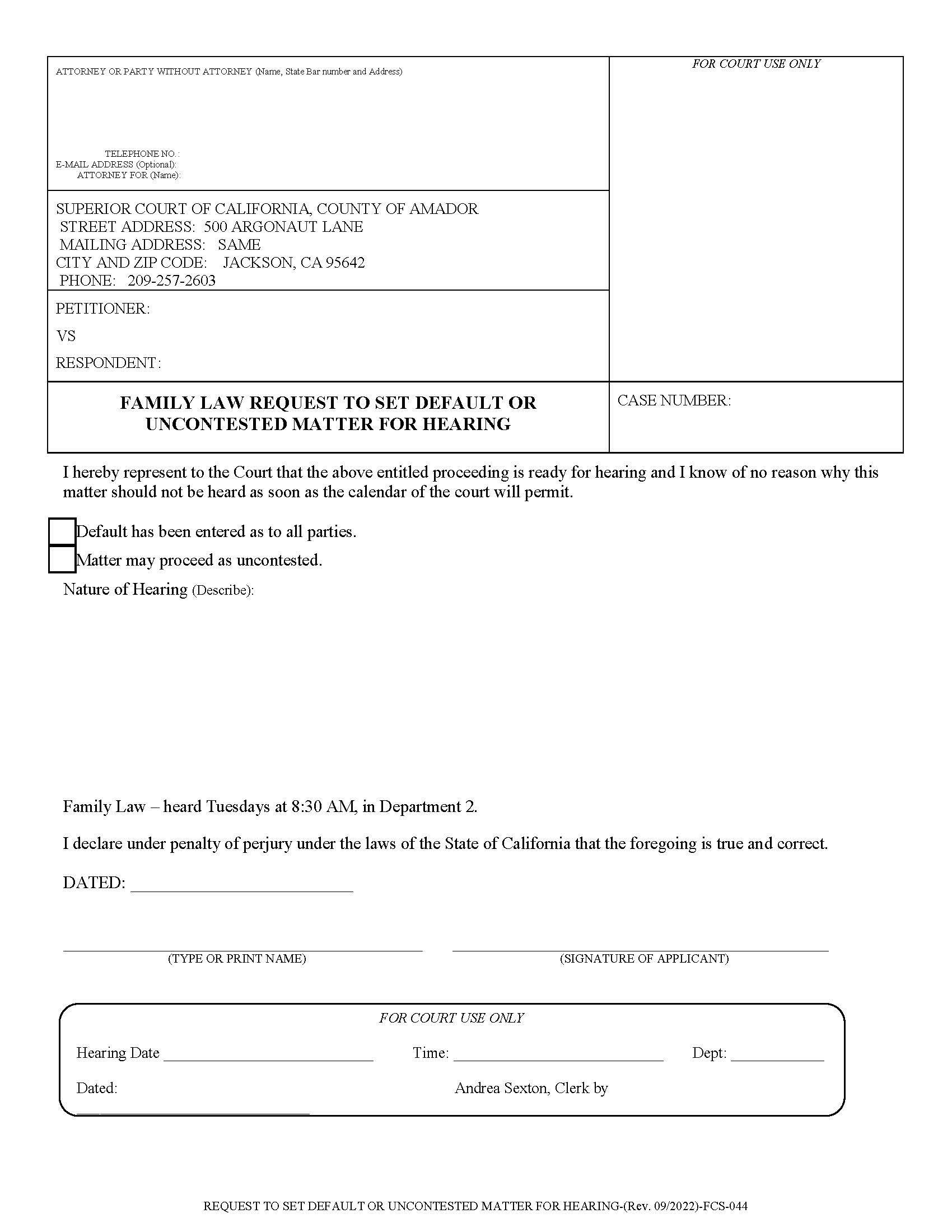 Request To Set Default-Uncontested Matter For Hearing (Family) {FCS-044} | Pdf Fpdf Docx | California