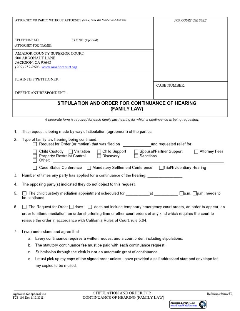 Stipulation And Order For Continuance Of Hearing (Family Law) {FCS-104} | Pdf Fpdf Docx | California