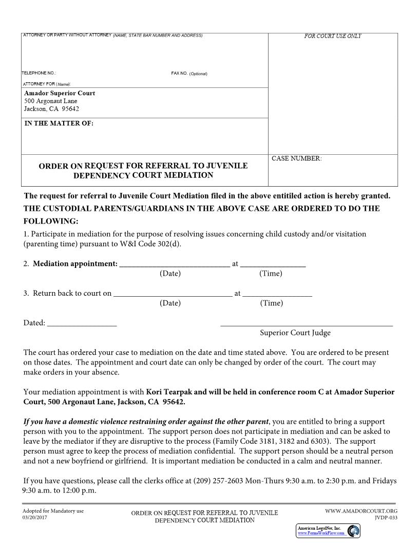 Order On Request For Referral To Juvenile Court Mediation {JVDP-033} | Pdf Fpdf Docx | California