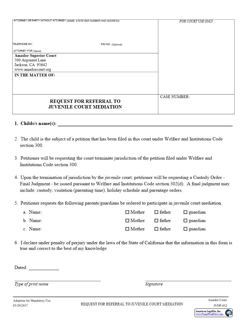 Request For Referral To Juvenile Court Mediation {JVDP-032} | Pdf Fpdf Docx | California