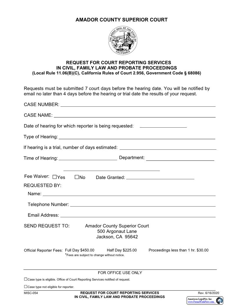 Request For Court Reporting Services {MISC-054} | Pdf Fpdf Docx | California