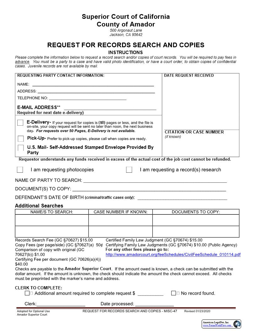 Request For Records Search And Copies {MISC-47} | Pdf Fpdf Docx | California