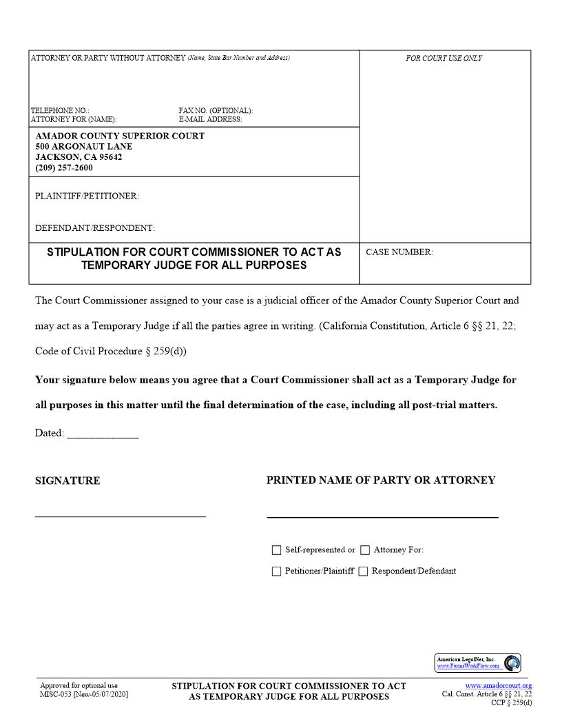 Stipulation For Court Commissioner To Act As Temporary Judge {MISC-053} | Pdf Fpdf Docx | California