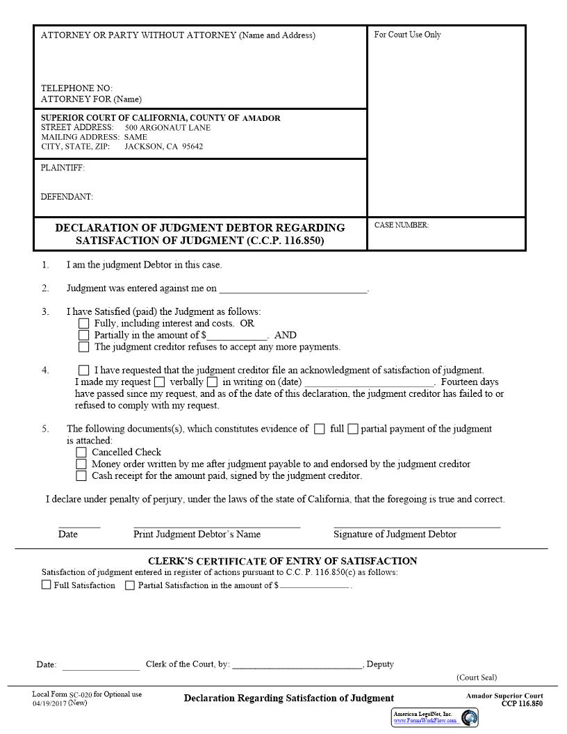 Declaration Regarding Satisfaction Of Judgment {SC-020} | Pdf Fpdf Docx | California