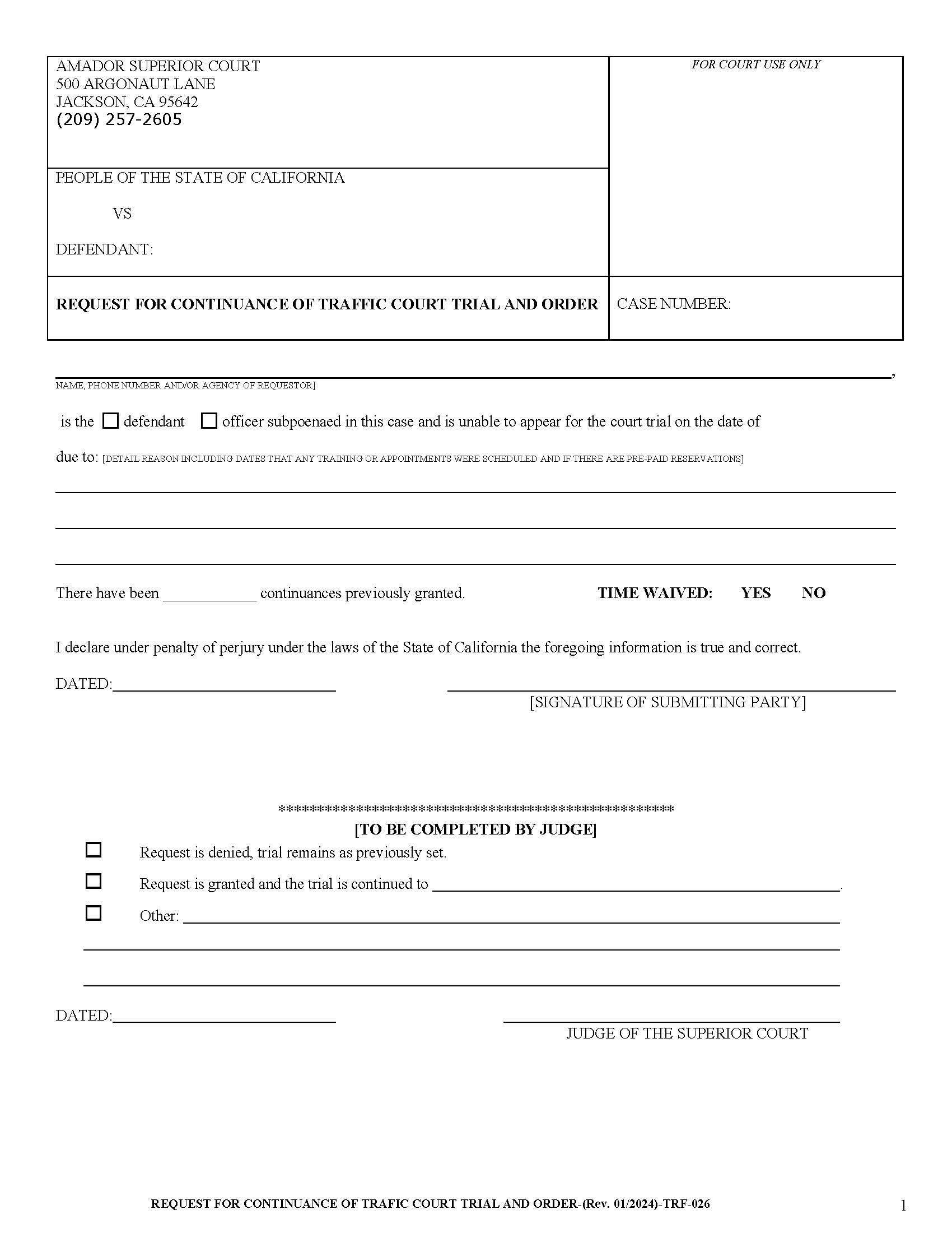 Request For Contnuance Of Trafic Court Trial And Order {TR-026} | Pdf Fpdf Docx | California