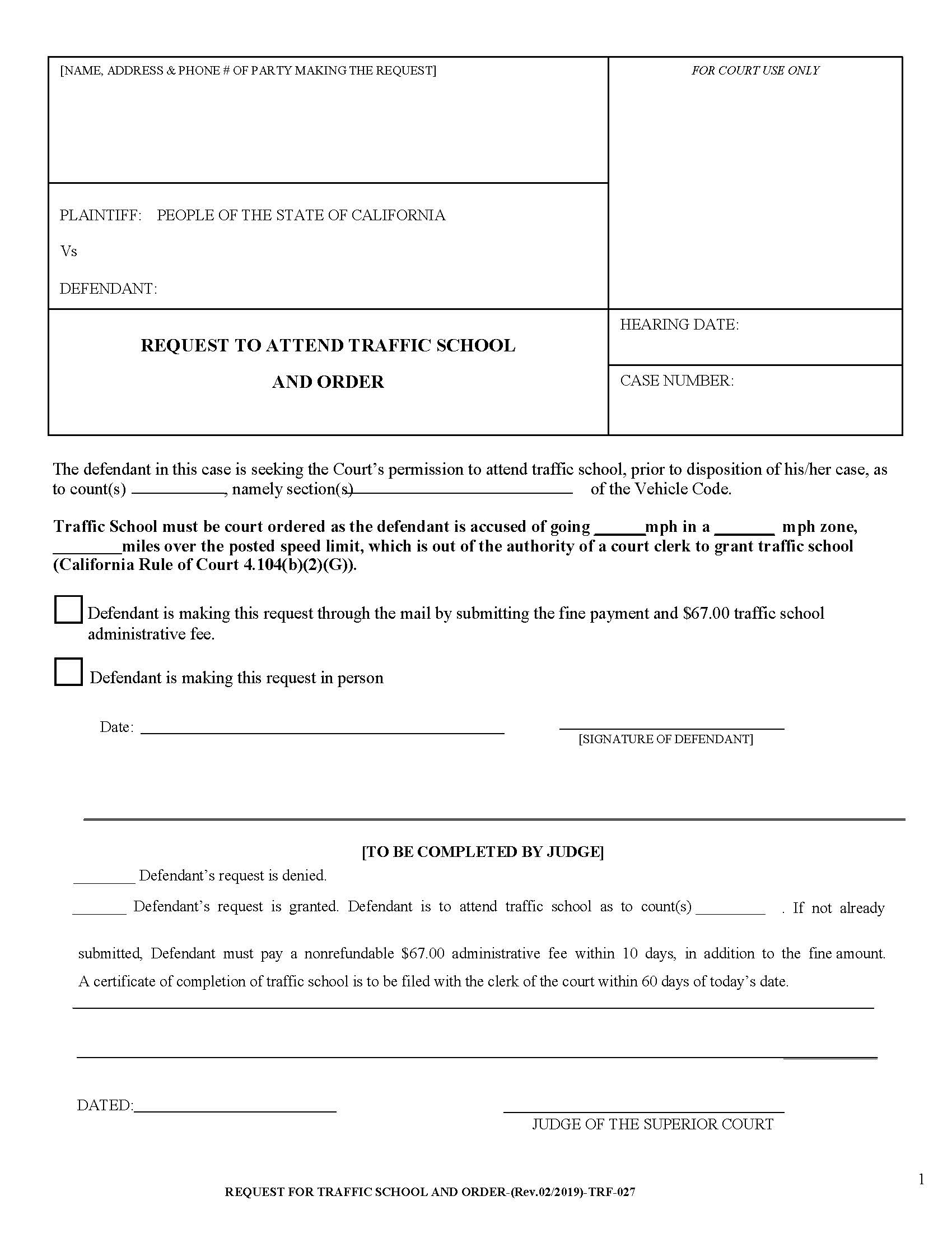 Request To Attend Traffic School And Order (Traffic) {TRF027} | Pdf Fpdf Docx | California