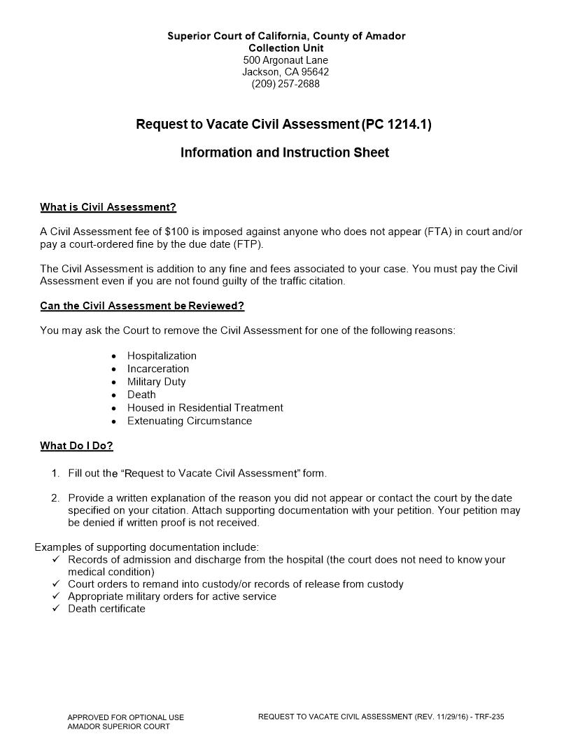 Request To Vacate Civil Assessment {TRF-235} | Pdf Fpdf Docx | California