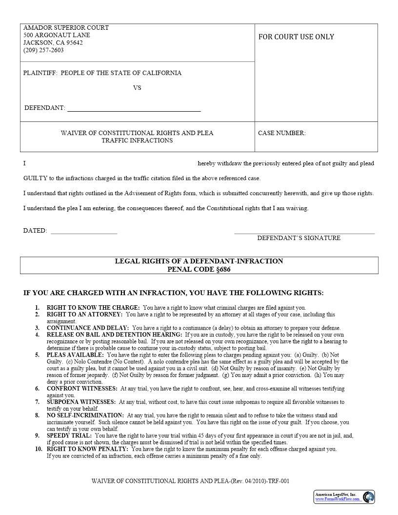 Waiver Of Constitutional Rights And Plea (Traffic) {TRF001} | Pdf Fpdf Docx | California