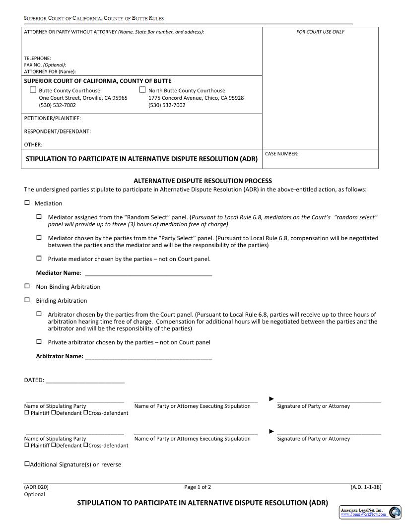 Stipulation To Participate In Alternative Dispute Resolution (ADR) {ADR.020} | Pdf Fpdf Docx | California