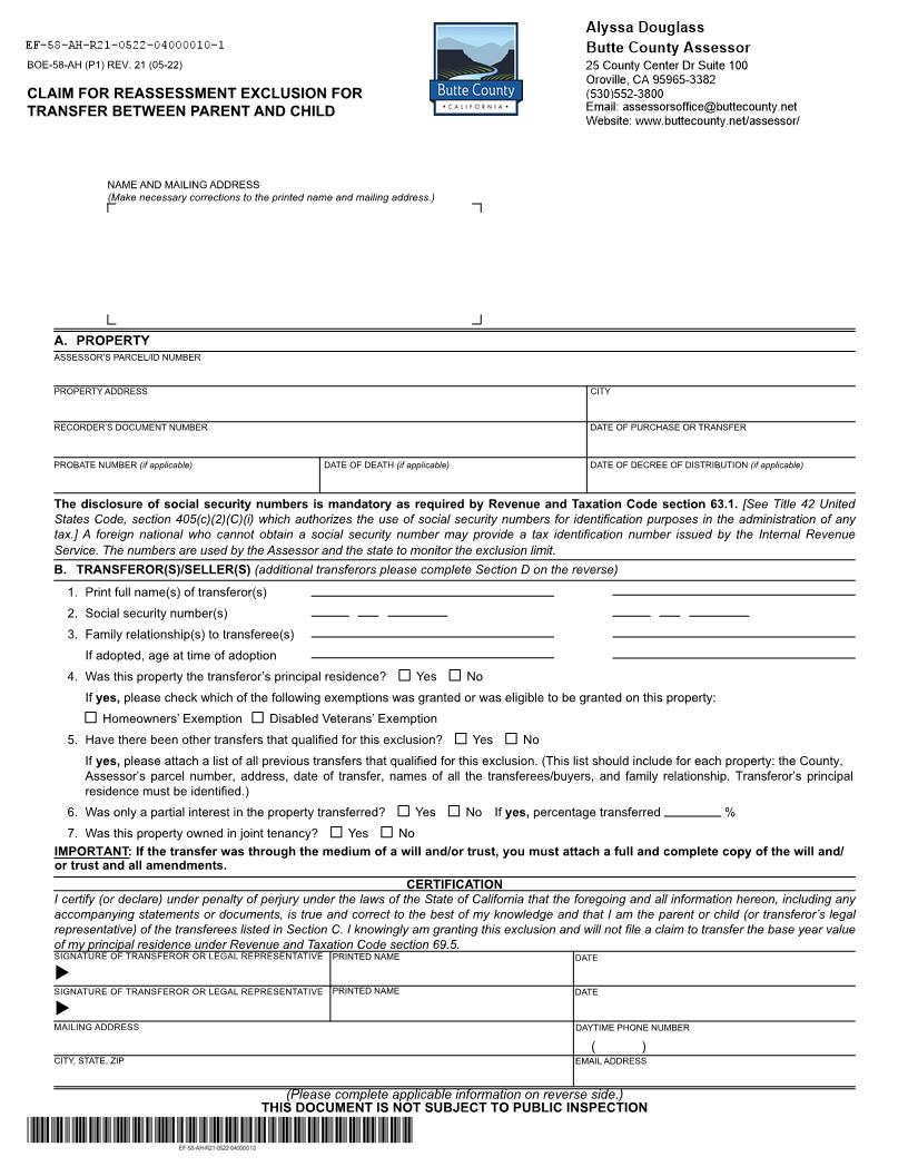 Claim For Reassessment Exclusion For Transfer Between Parent And Child (Before 02-16-21) (Butte) {BOE-58-AH} | Pdf Fpdf Docx | California