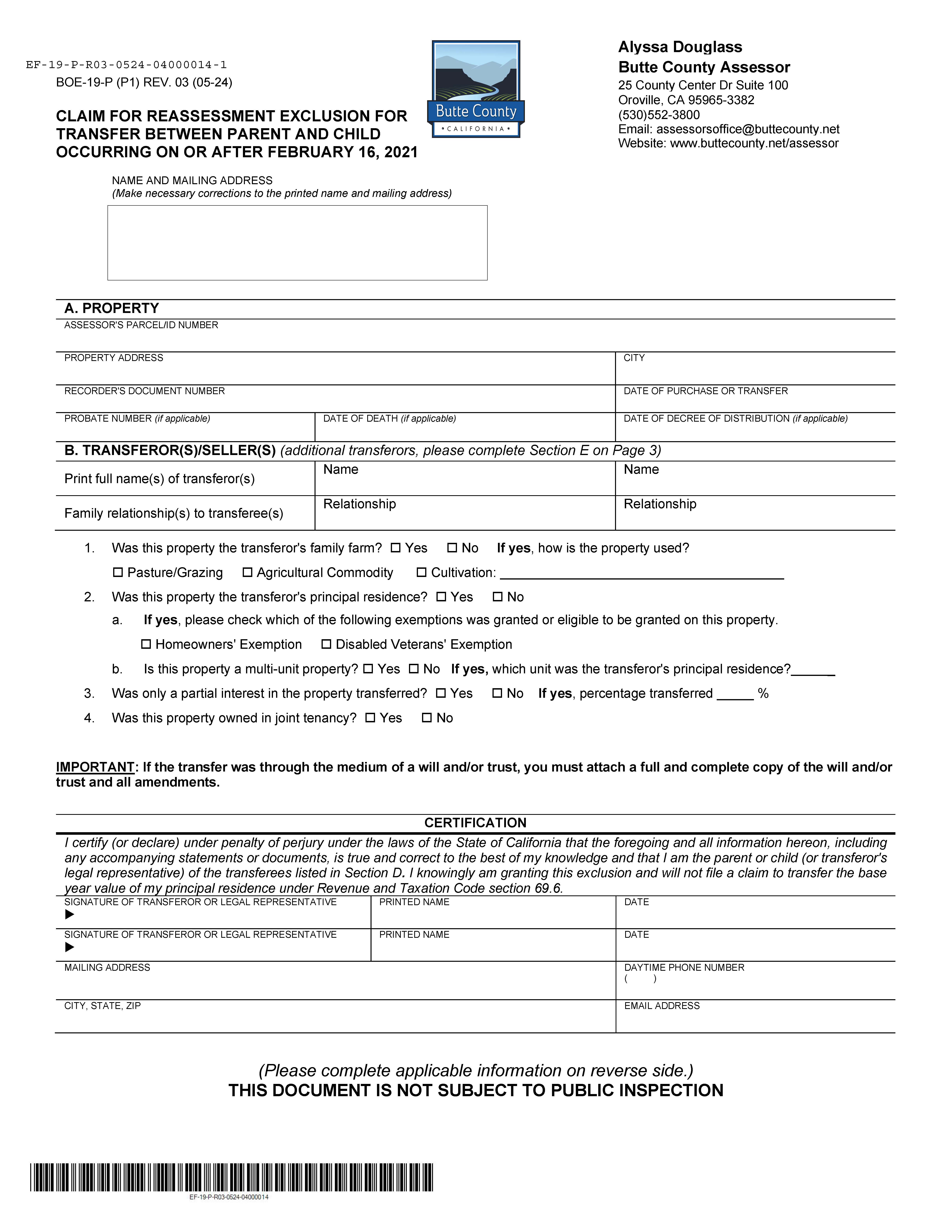 Claim For Reassessment Exclusion For Transfer Between Parent And Child (Butte County) {BOE-19-P} | Pdf Fpdf Docx | California