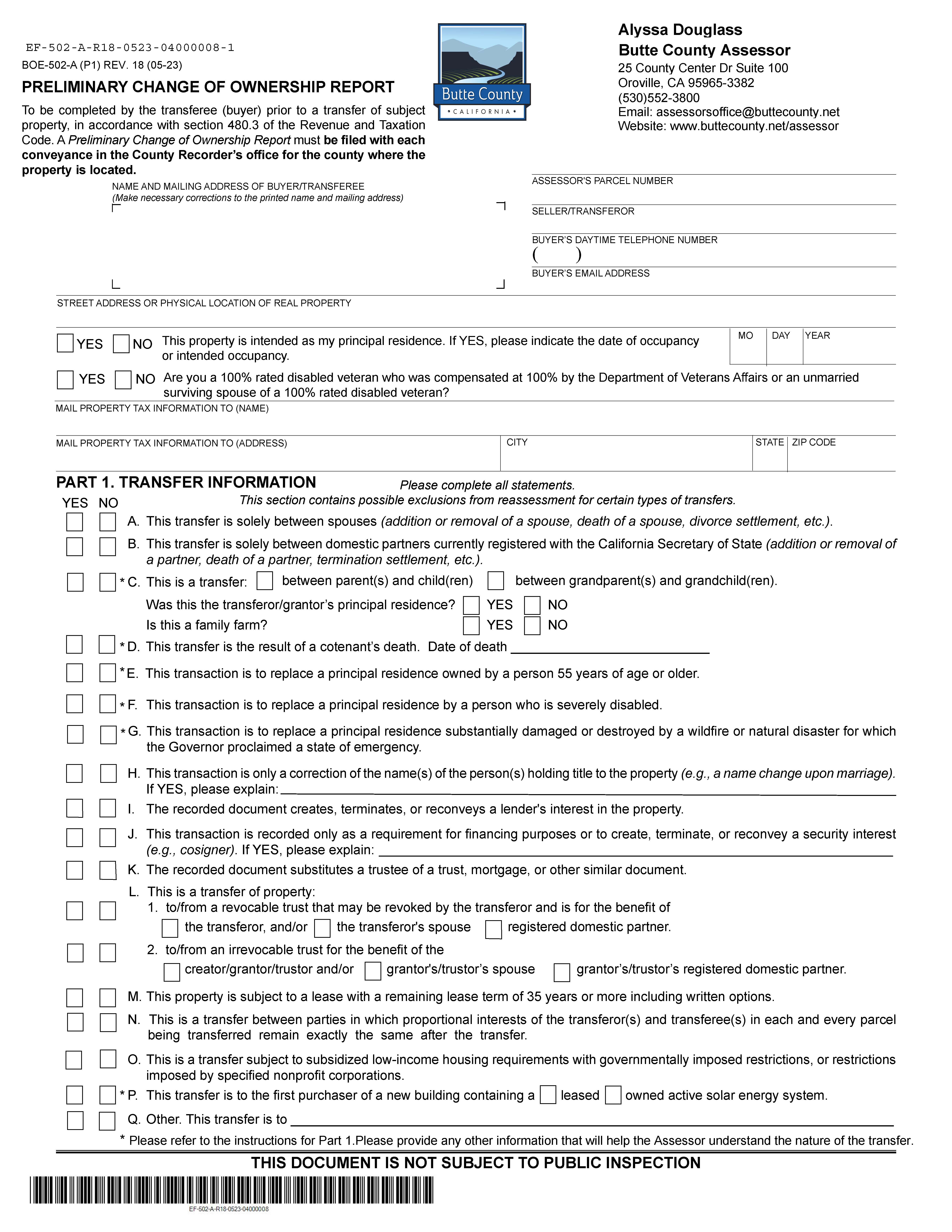 Preliminary Change Of Ownership Report (Butte County) {BOE-502-A} | Pdf Fpdf Docx | California
