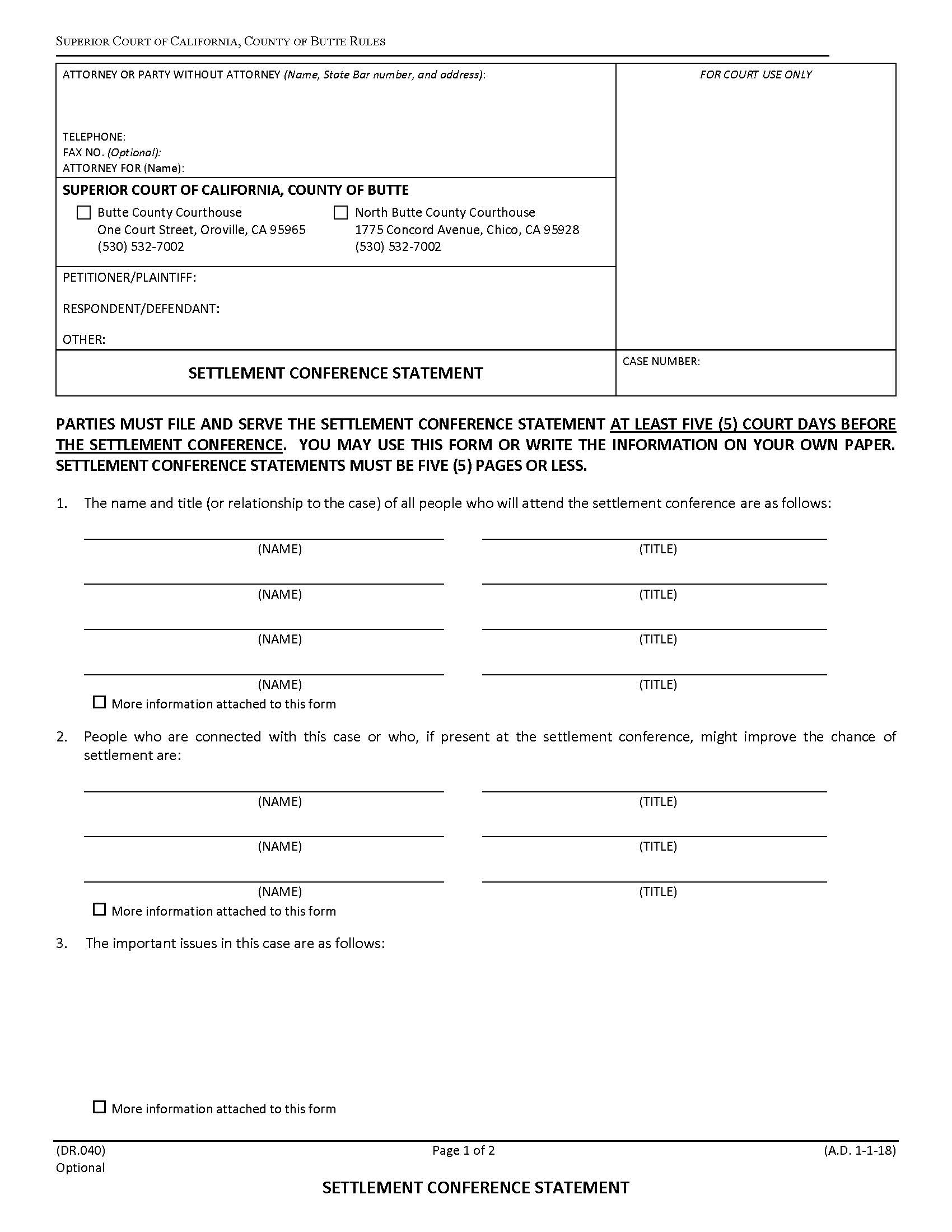 Settlement Conference Statement {DR.040} | Pdf Fpdf Docx | California