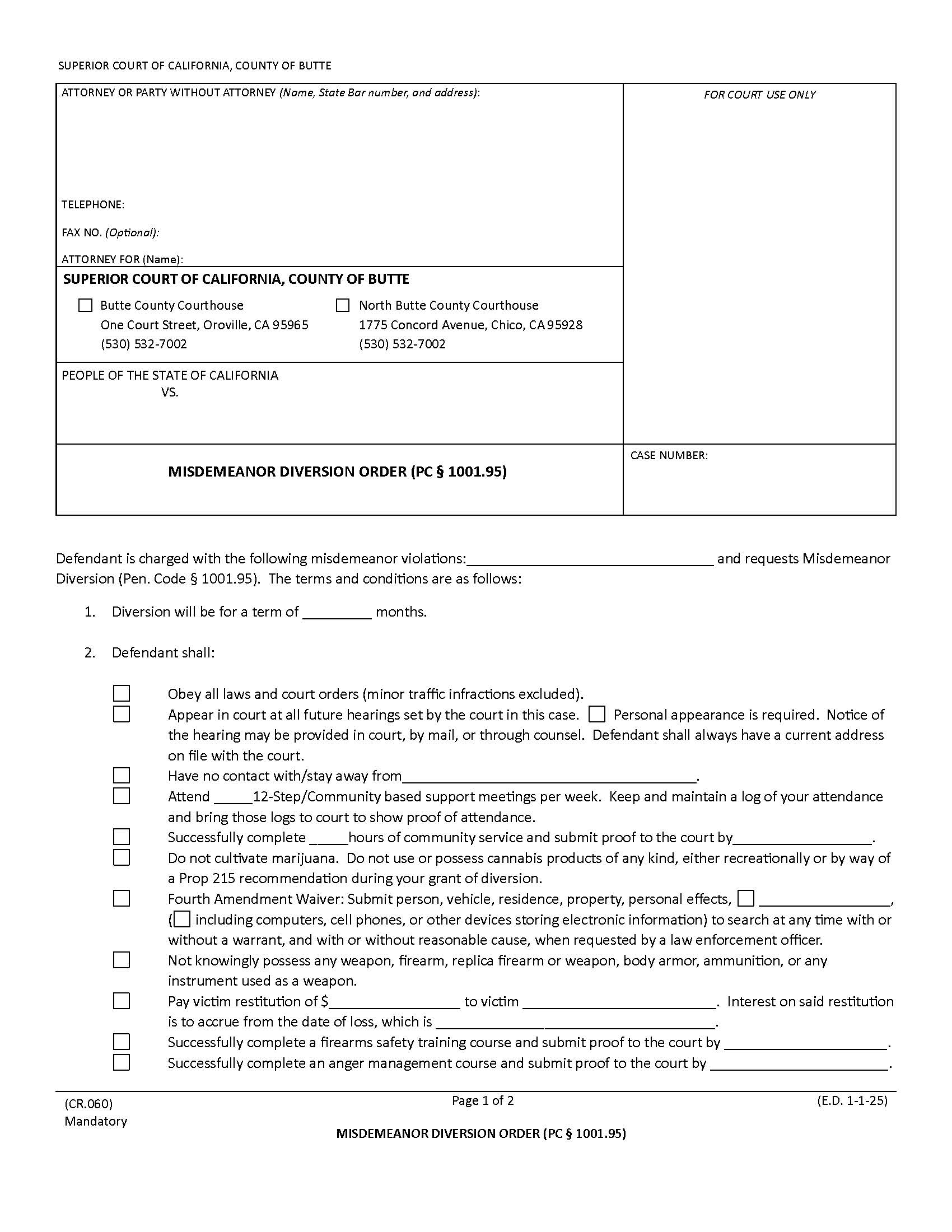 Misdemeanor Diversion Order (PC1001.95) {CR.060} | Pdf Fpdf Docx | California
