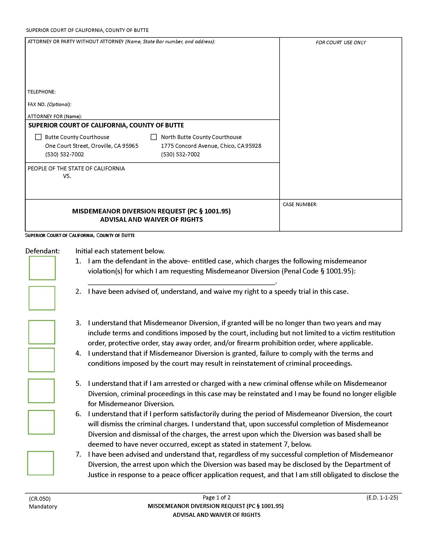 Misdemeanor Diversion Request (PC1001.95) Advisal And Waiver Of Rights {CR.050} | Pdf Fpdf Docx | California