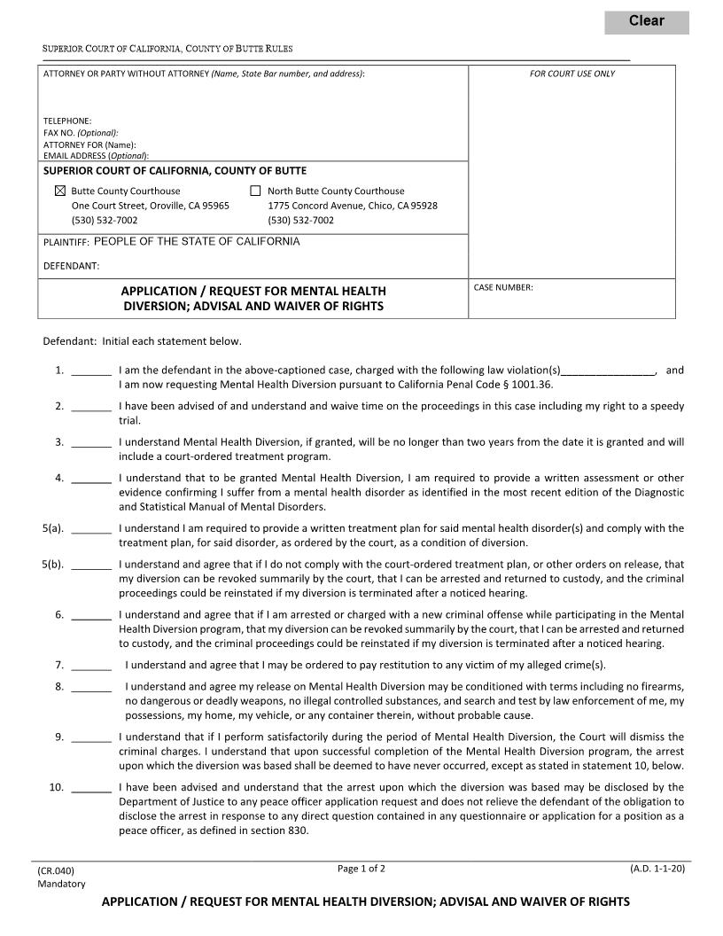 Request For Mental Health Diversion-Advisal And Waiver Of Rights {CR.040} | Pdf Fpdf Docx | California