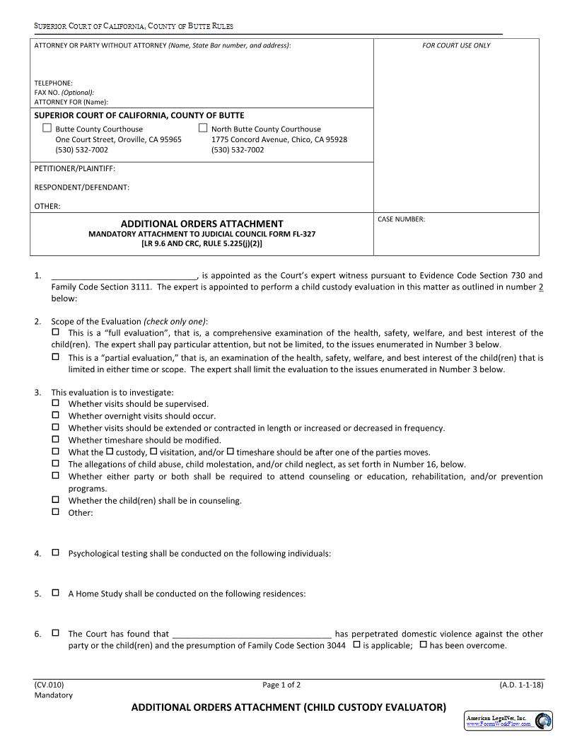 Additional Orders Attachment (Child Custody Evaluator) {CV.010} | Pdf Fpdf Docx | California