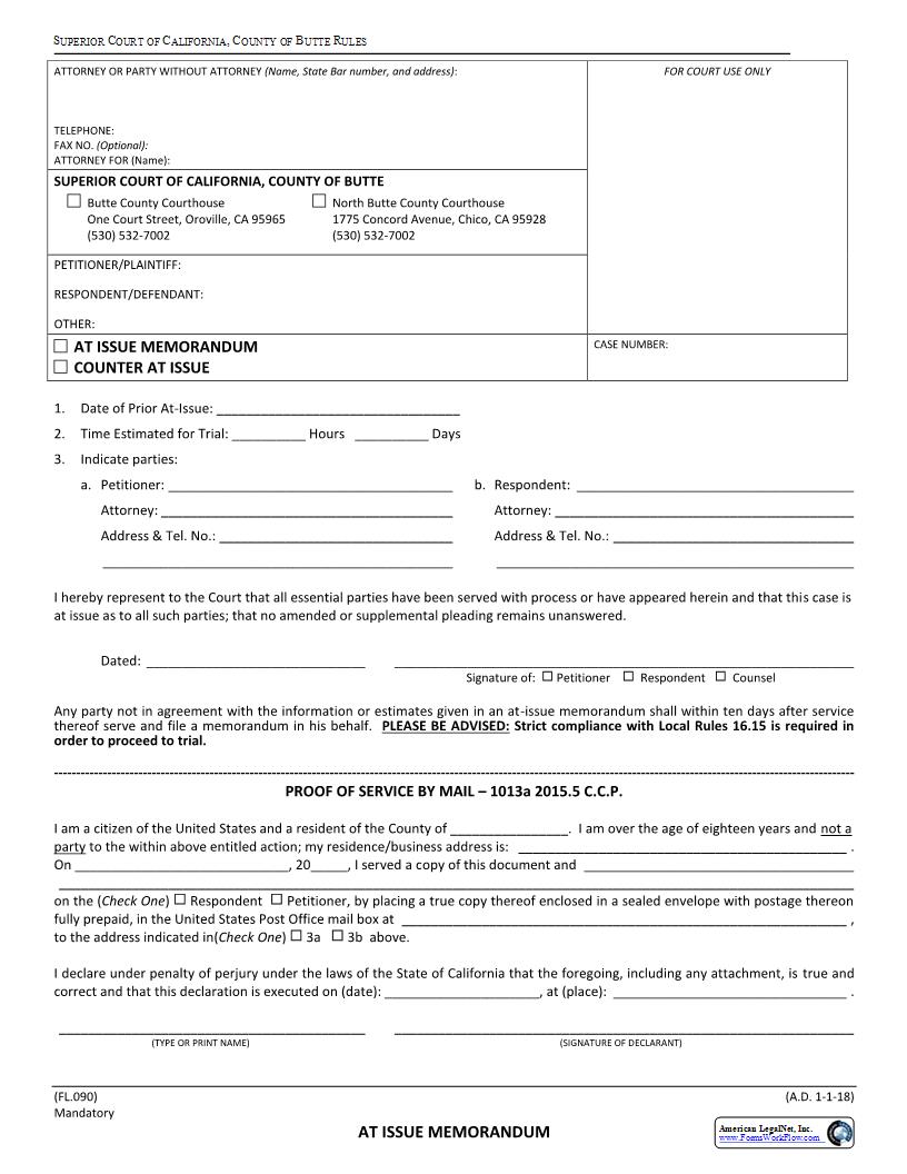 At Issue Memorandum (Family Law) {FL.090} | Pdf Fpdf Docx | California