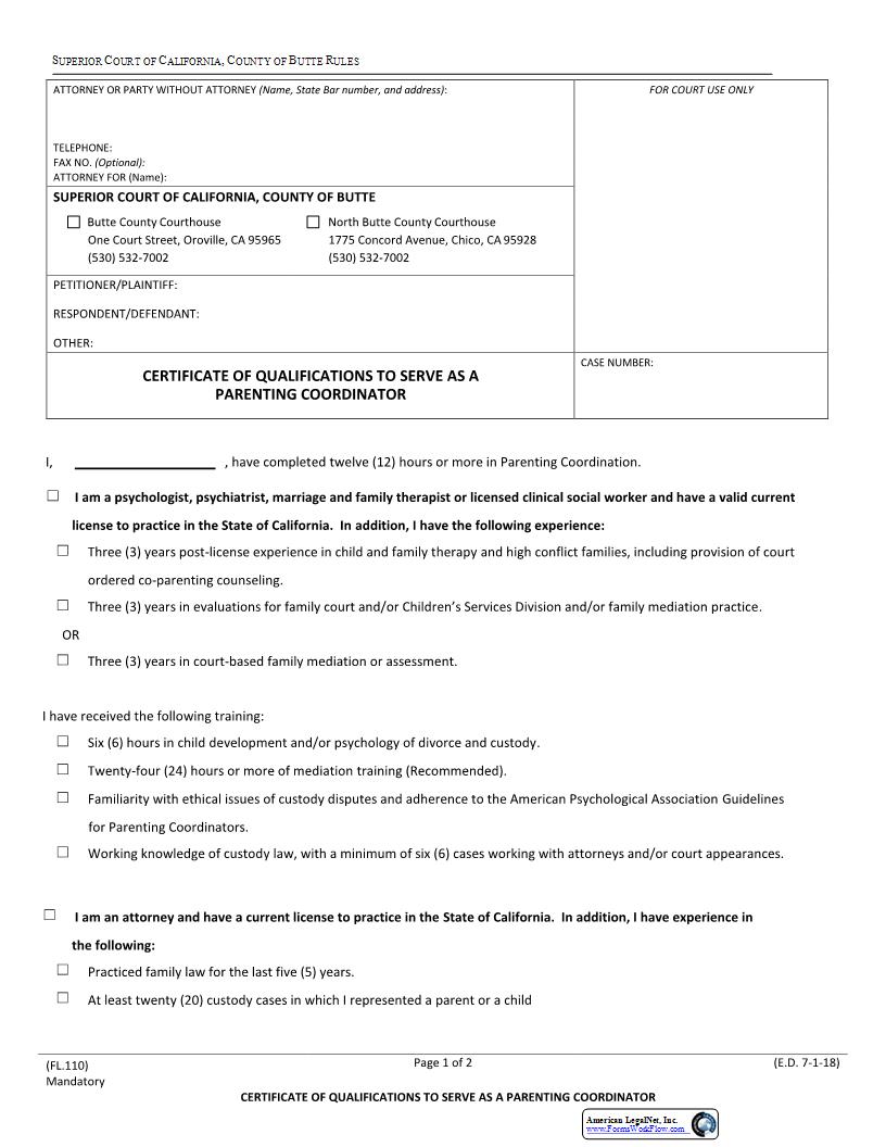 Certificate Of Qualifications To Serve As A Parenting Coordinator {FL.110} | Pdf Fpdf Docx | California