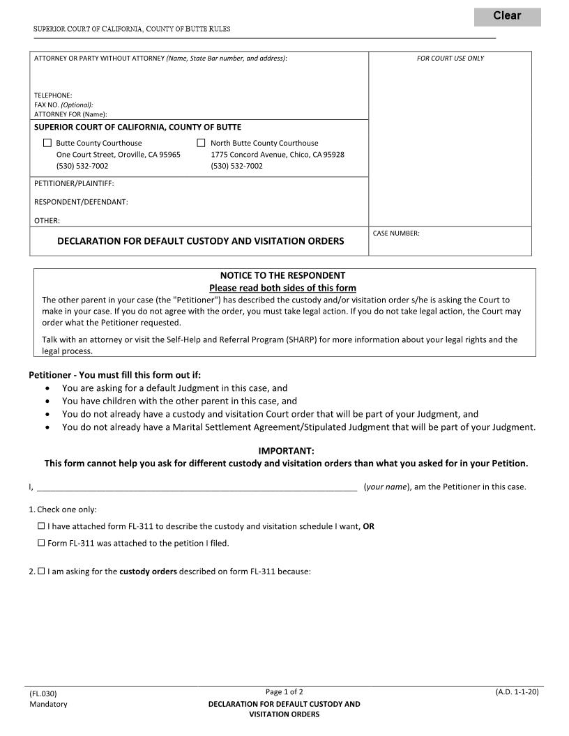 Declaration For Default Custody And Visitation Orders {FL.030} | Pdf Fpdf Docx | California