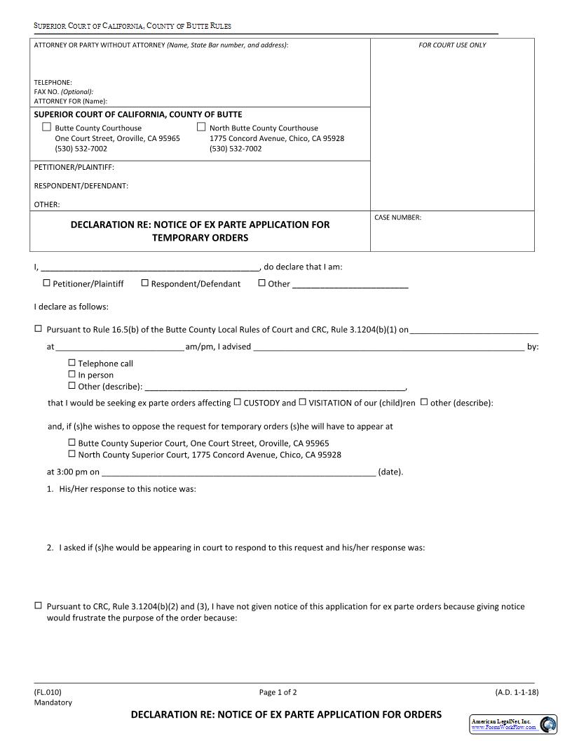 Declaration Re Notice Of Ex Parte Application For Orders (Family Law) {FL.010} | Pdf Fpdf Docx | California