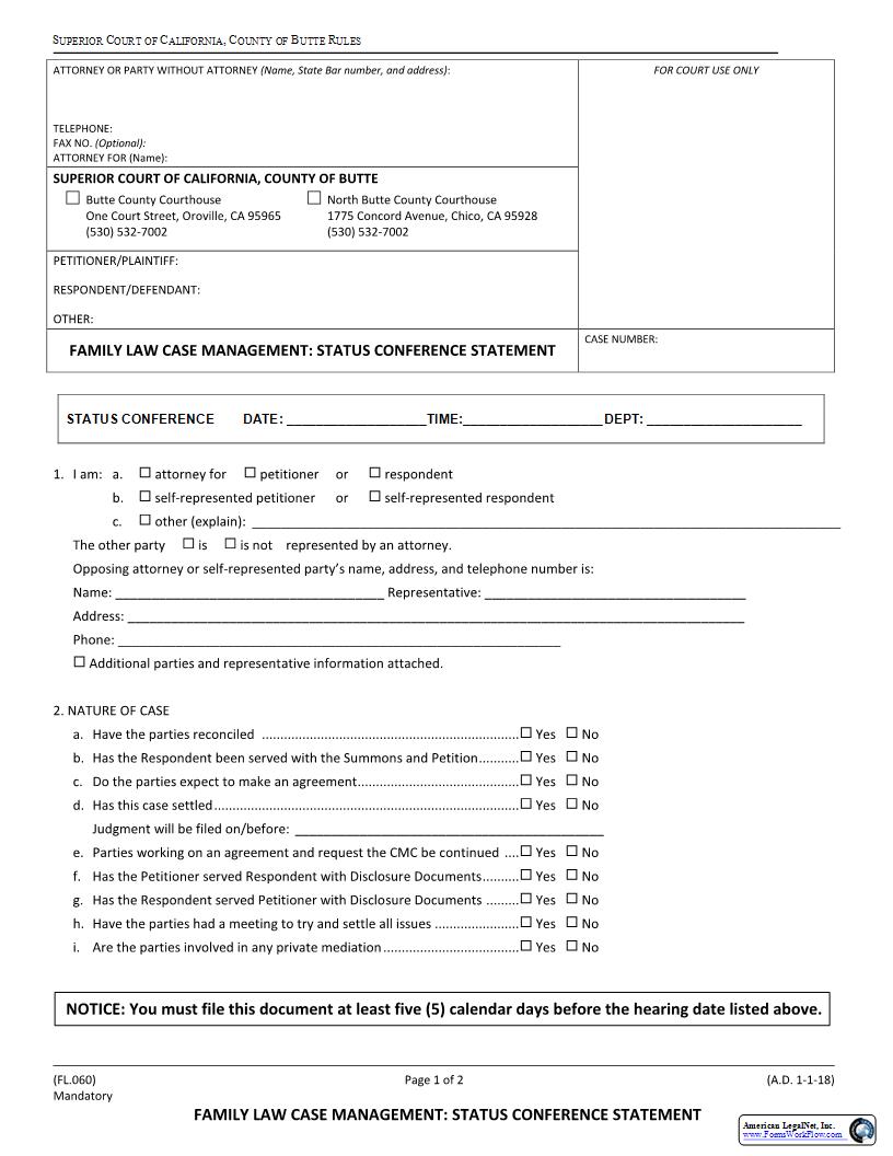 Family Law Case Management-Status Conference Statement {FL.060} | Pdf Fpdf Docx | California