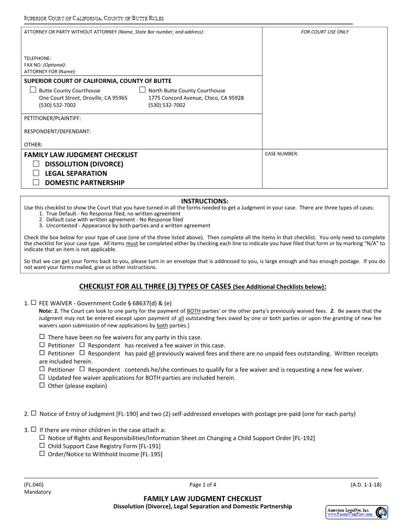 Family Law Judgment Checklist {FL.040} | Pdf Fpdf Docx | California