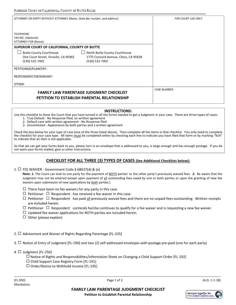Family Law Parentage Judgment Checklist {FL.050} | Pdf Fpdf Docx | California