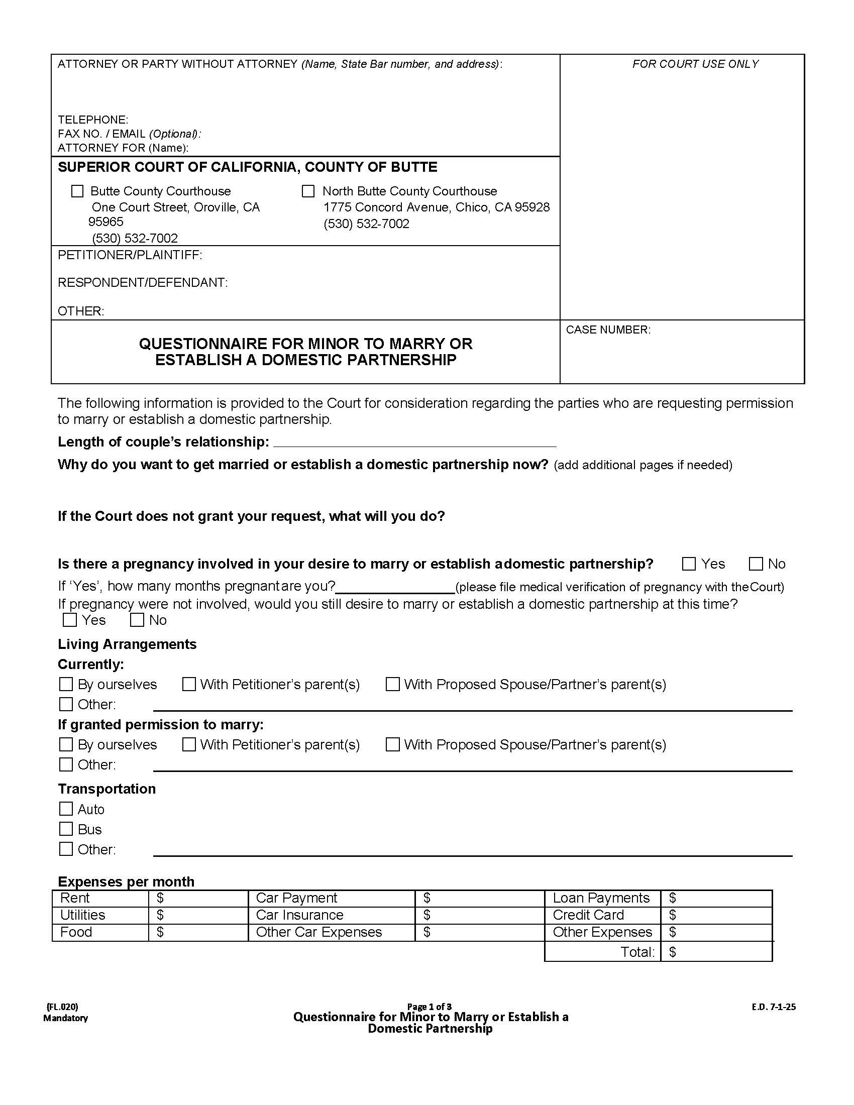 Questionnaire For Minor To Marry Or Establish A Domestic Partnership {FL.020} | Pdf Fpdf Docx | California