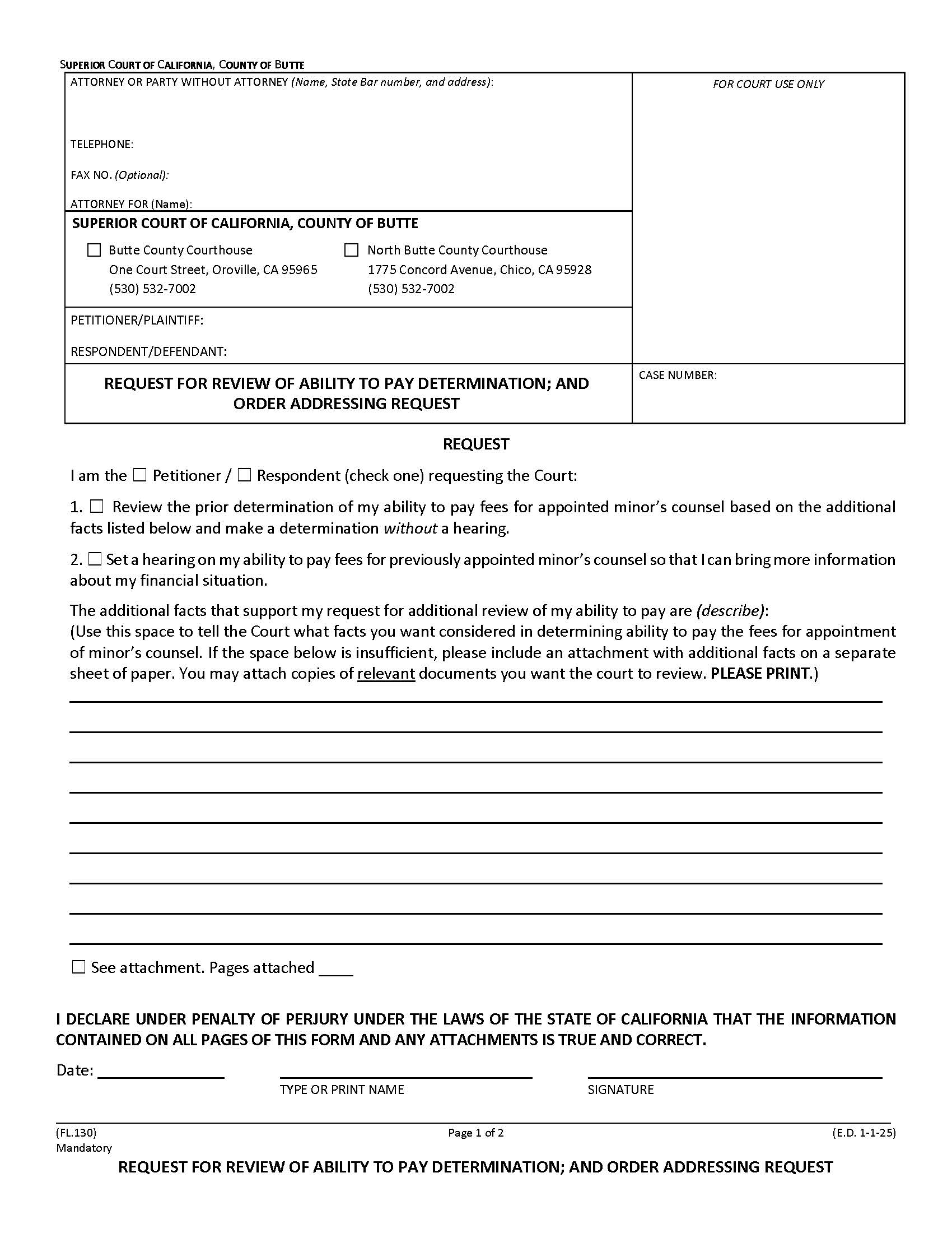 Request For Review Of Ability To Pay Determination And Order Addressing Request {FL.130} | Pdf Fpdf Docx | California