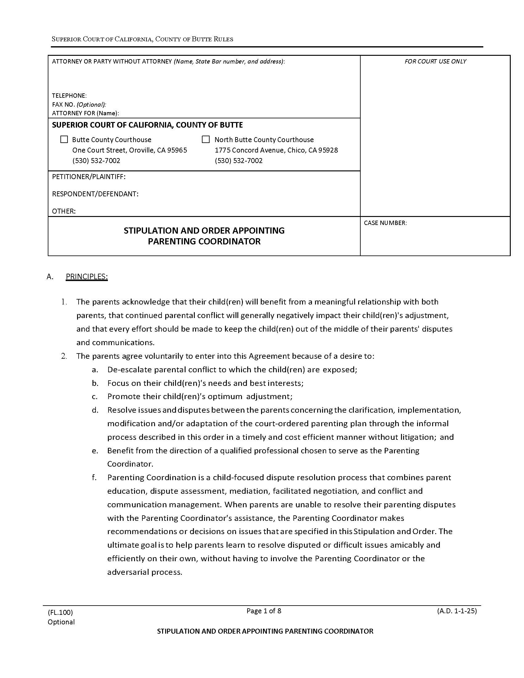 Stipulation And Order Appointing Parenting Coordinator {FL.100} | Pdf Fpdf Docx | California