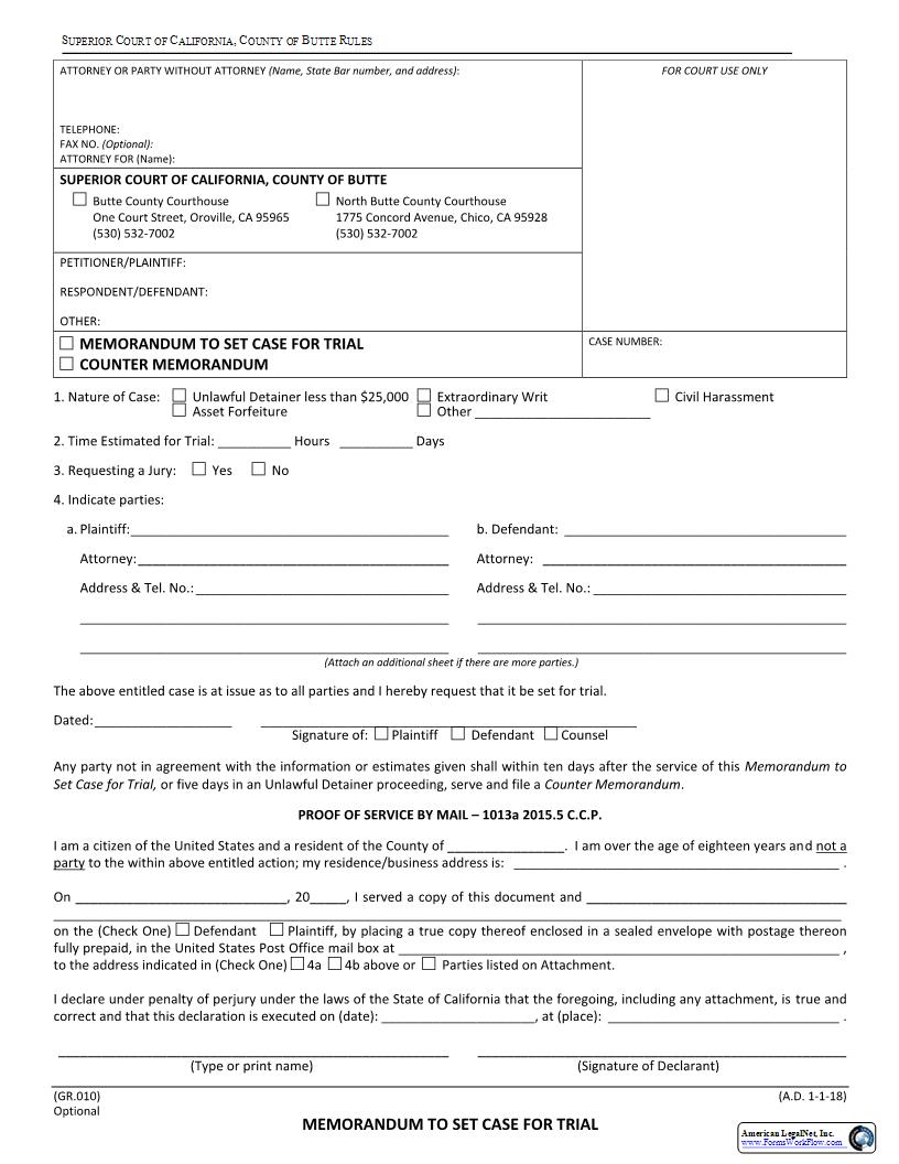 Memorandum To Set Case For Trial {GR.010} | Pdf Fpdf Docx | California