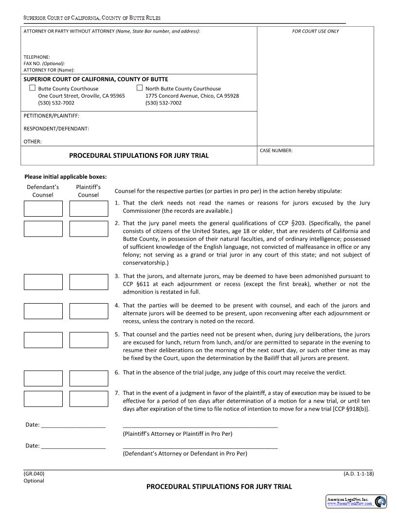 Procedural Stipulations For Jury Trial {GR.040} | Pdf Fpdf Docx | California
