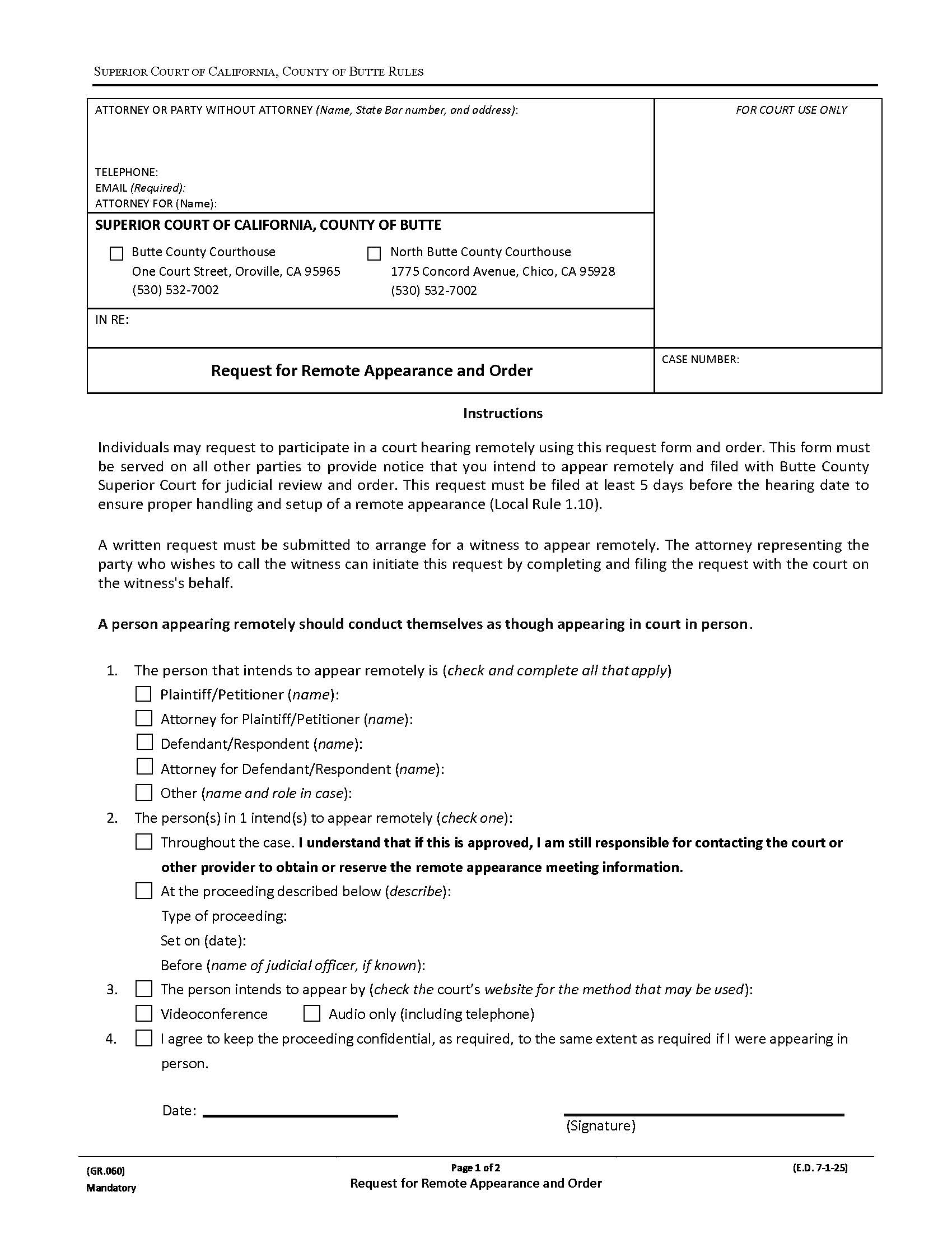 Request For Remote Appearance And Order {GR.060} | Pdf Fpdf Docx | California