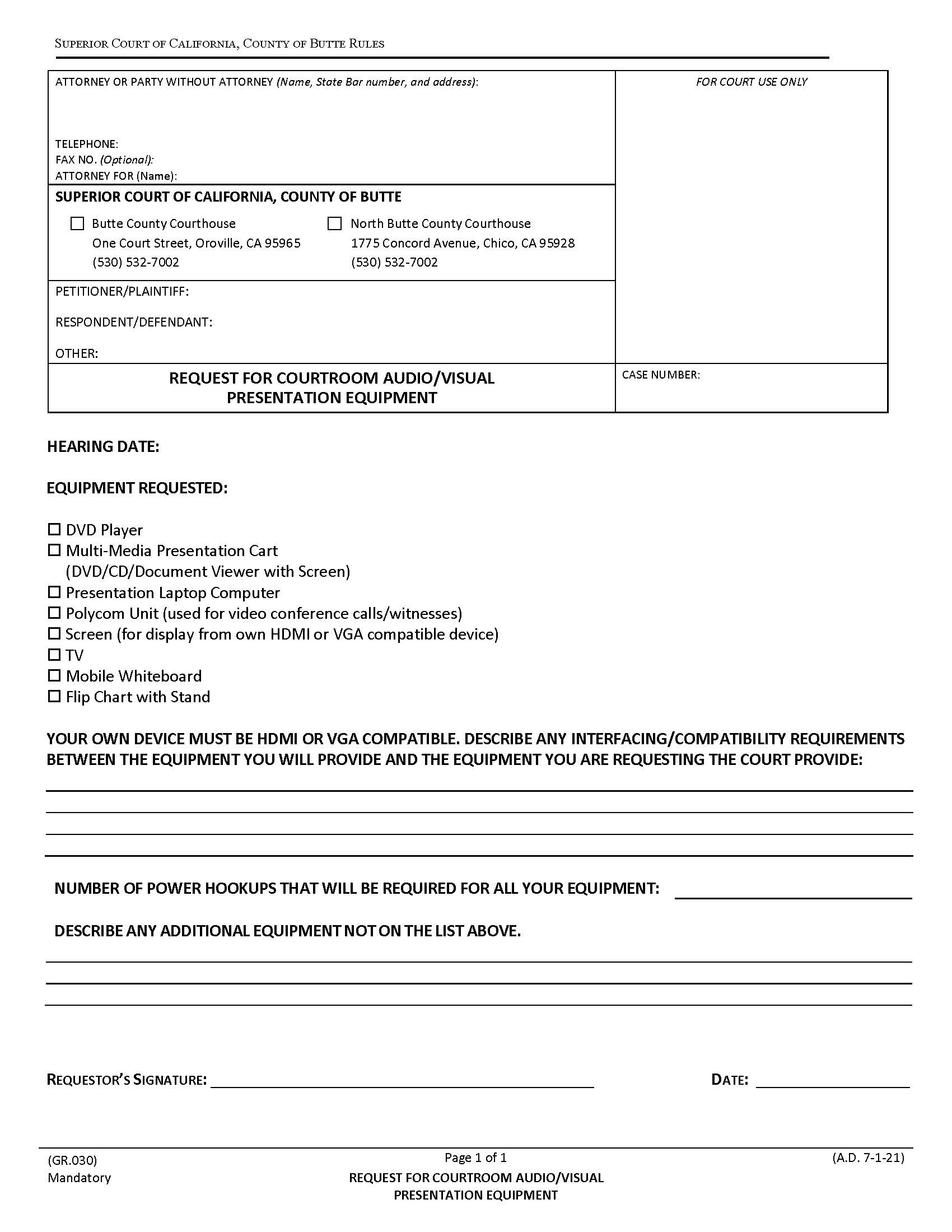 Request-Notification For Audio-Visual Presentation Equipment {GR.030} | Pdf Fpdf Docx | California