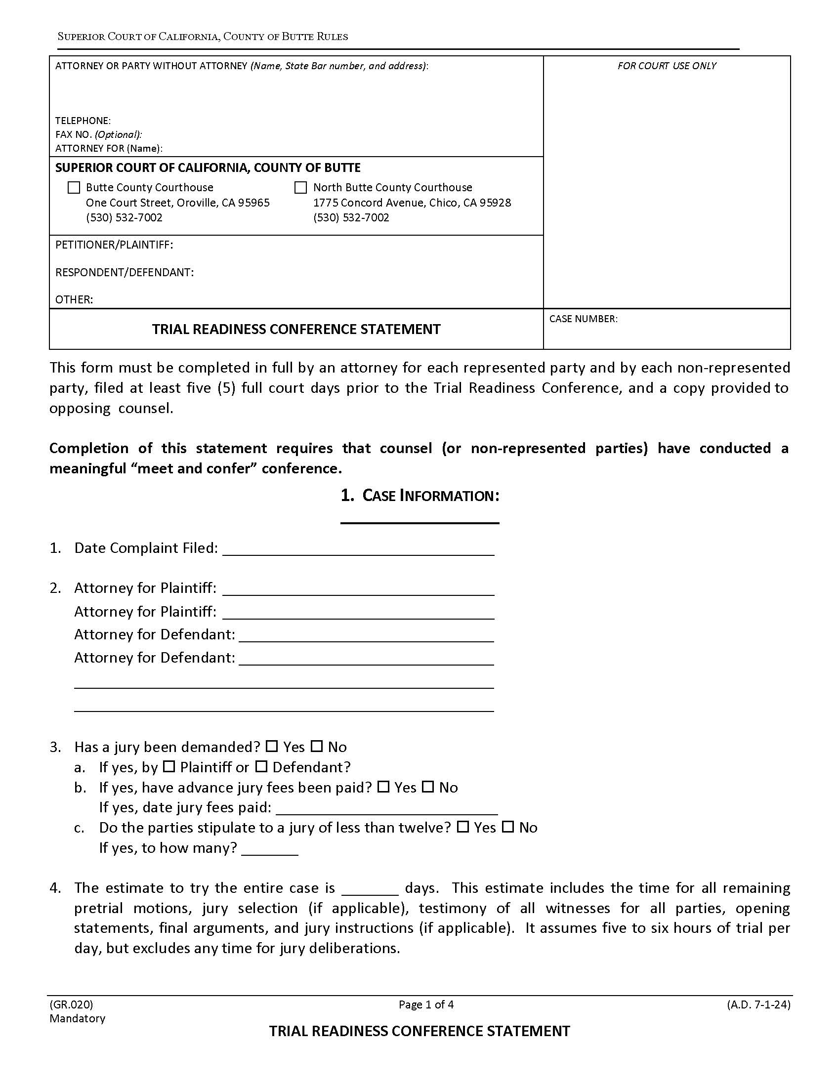 Trial Readiness Conference Statement {GR.020} | Pdf Fpdf Docx | California