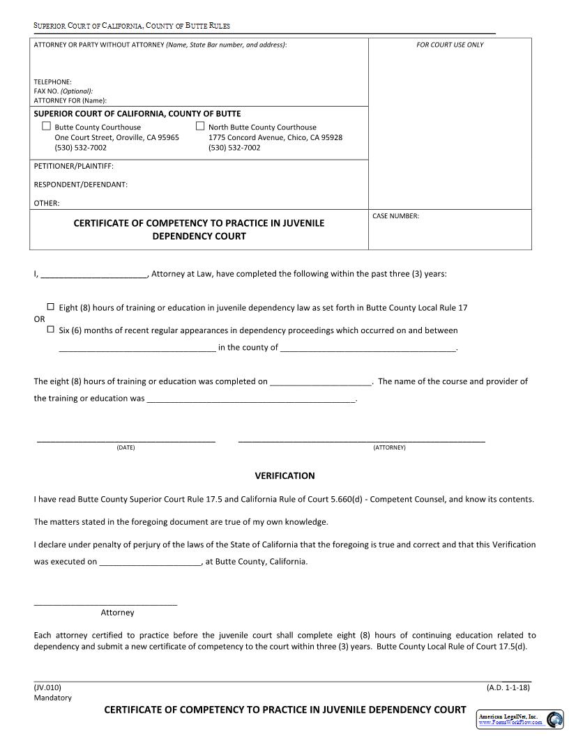 Certificate Of Competency To Practice In Juvenile Dependency Court {JV.010} | Pdf Fpdf Docx | California
