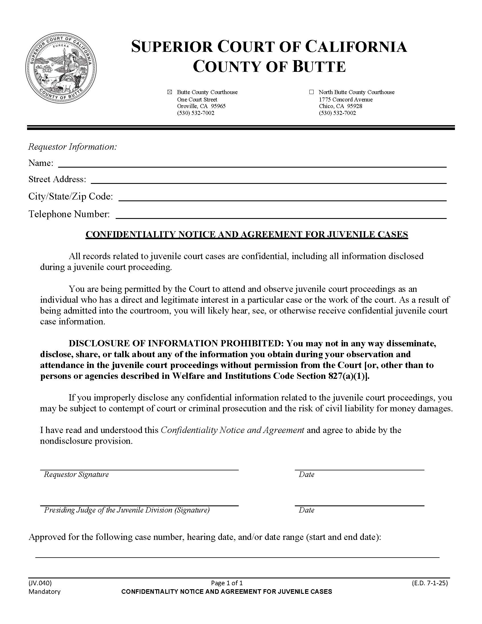Confidentiality Notice And Agreement For Juvenile Cases {JV.040} | Pdf Fpdf Docx | California