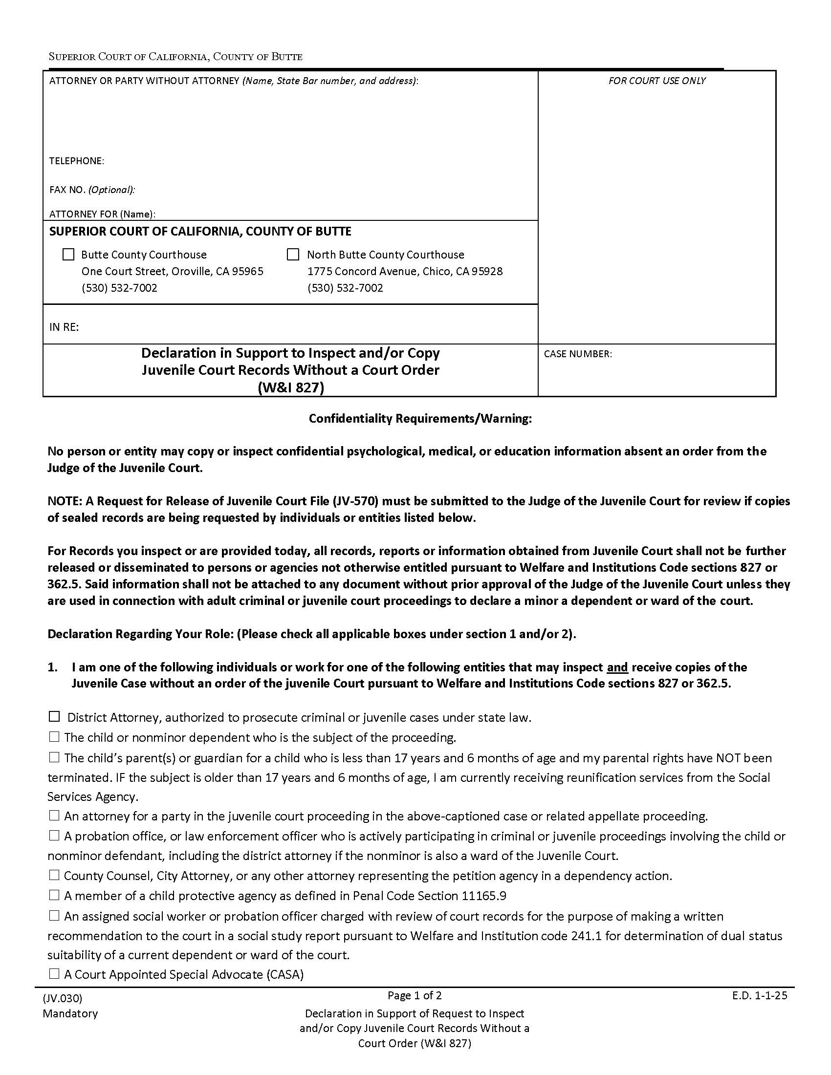 Declaration In Support To Inspect And Or Copy Juvenile Court Records {JV.030} | Pdf Fpdf Docx | California