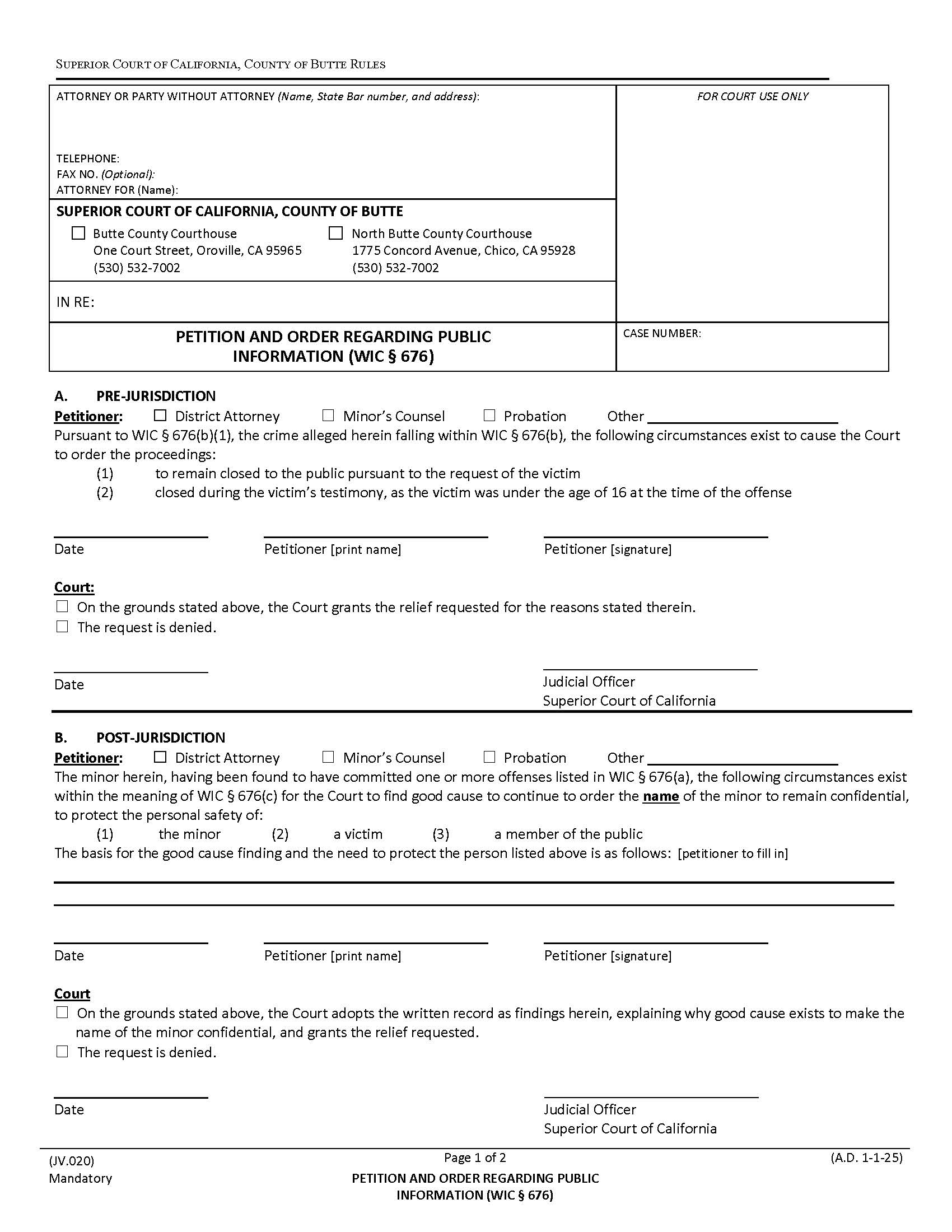Petition And Order Regarding Public Information (WIC 6760 {JV.020} | Pdf Fpdf Docx | California