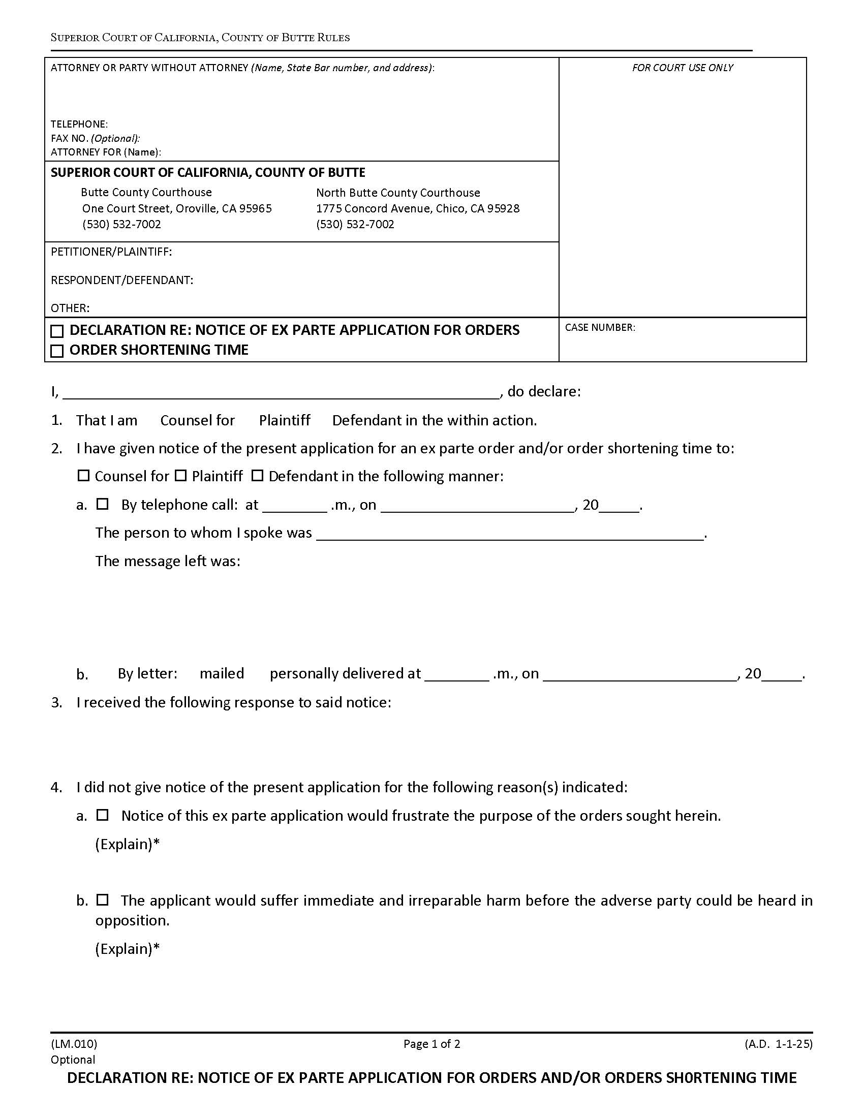 Declaration Re Notice Of Ex Parte Application For Orders And-Or Orders Shortening Time {LM.010} | Pdf Fpdf Docx | California