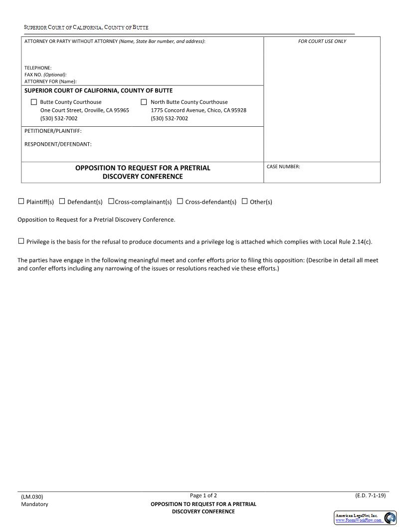 Opposition To Request For A Pretrial Discovery Conference {LM.030} | Pdf Fpdf Docx | California
