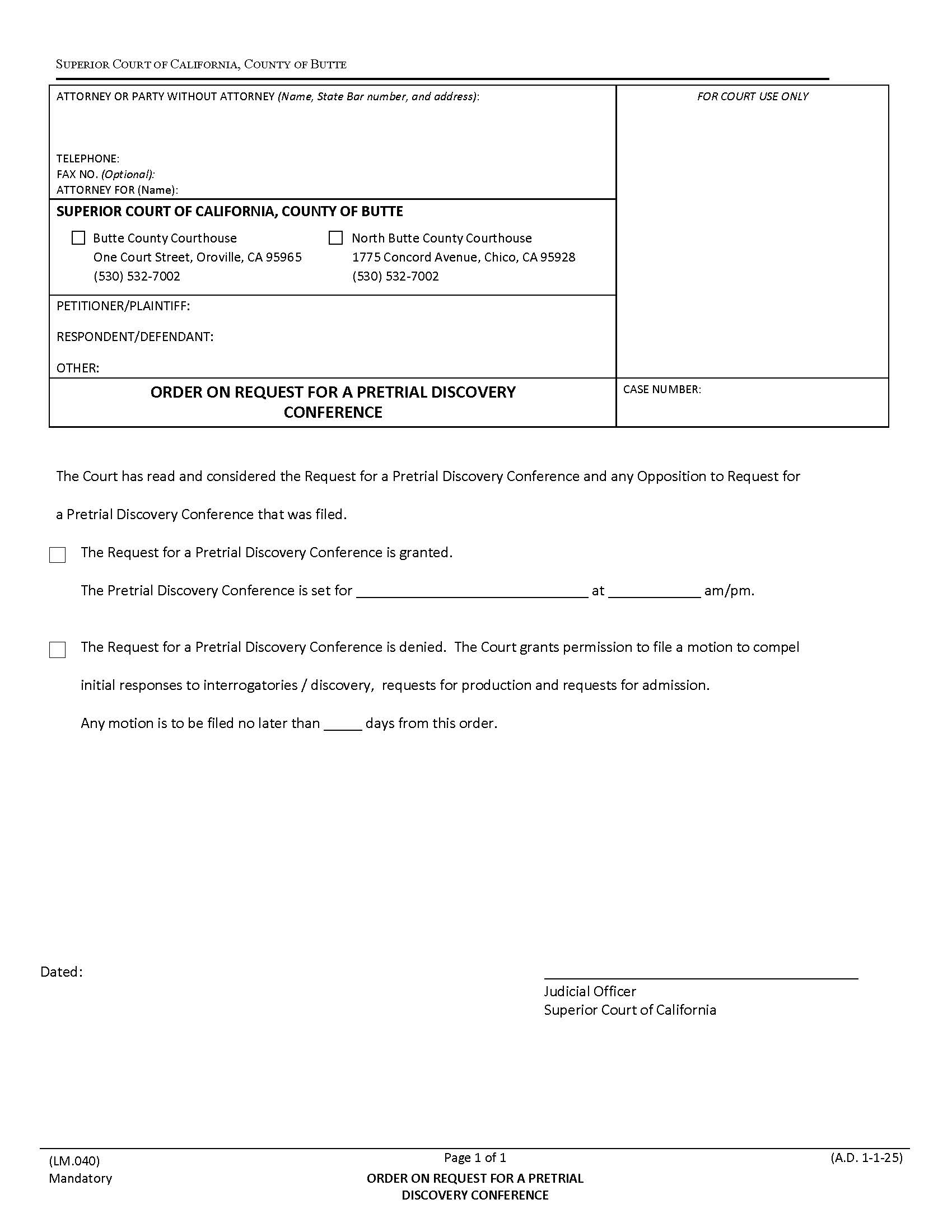 Order On Request For A Pretrial Discovery Conference {LM.040} | Pdf Fpdf Docx | California