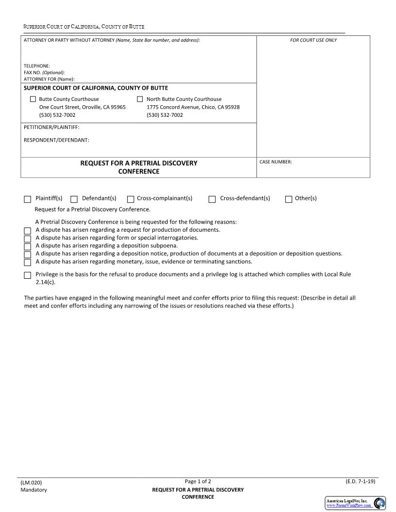 Request For A Pretrial Discovery Conference {LM.020} | Pdf Fpdf Docx | California