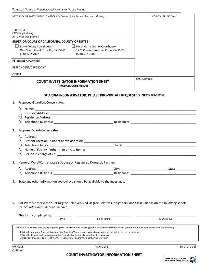 Court Investigator Information Sheet {PR.10} | Pdf Fpdf Docx | California